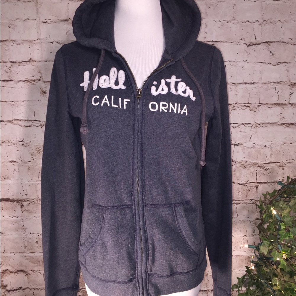 Hollister Dark Gray Zip-Up Hoodie with White Logo